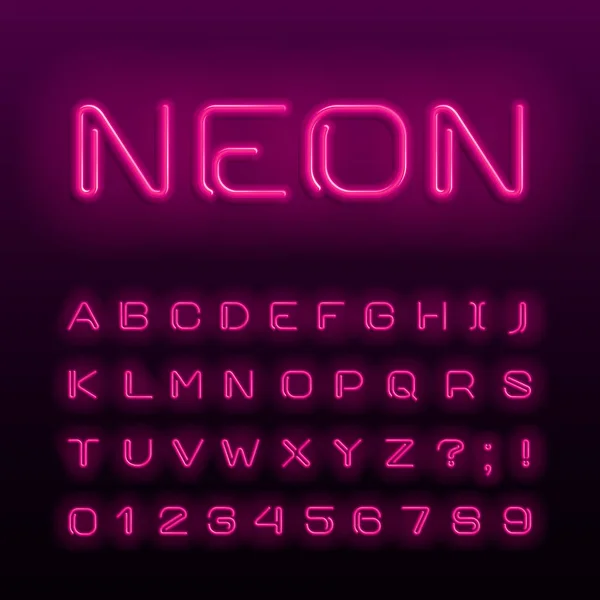 Caratteri Alfabeto Lampada Neon Colore Neon Lettere Lucide Numeri Simboli — Vettoriale Stock
