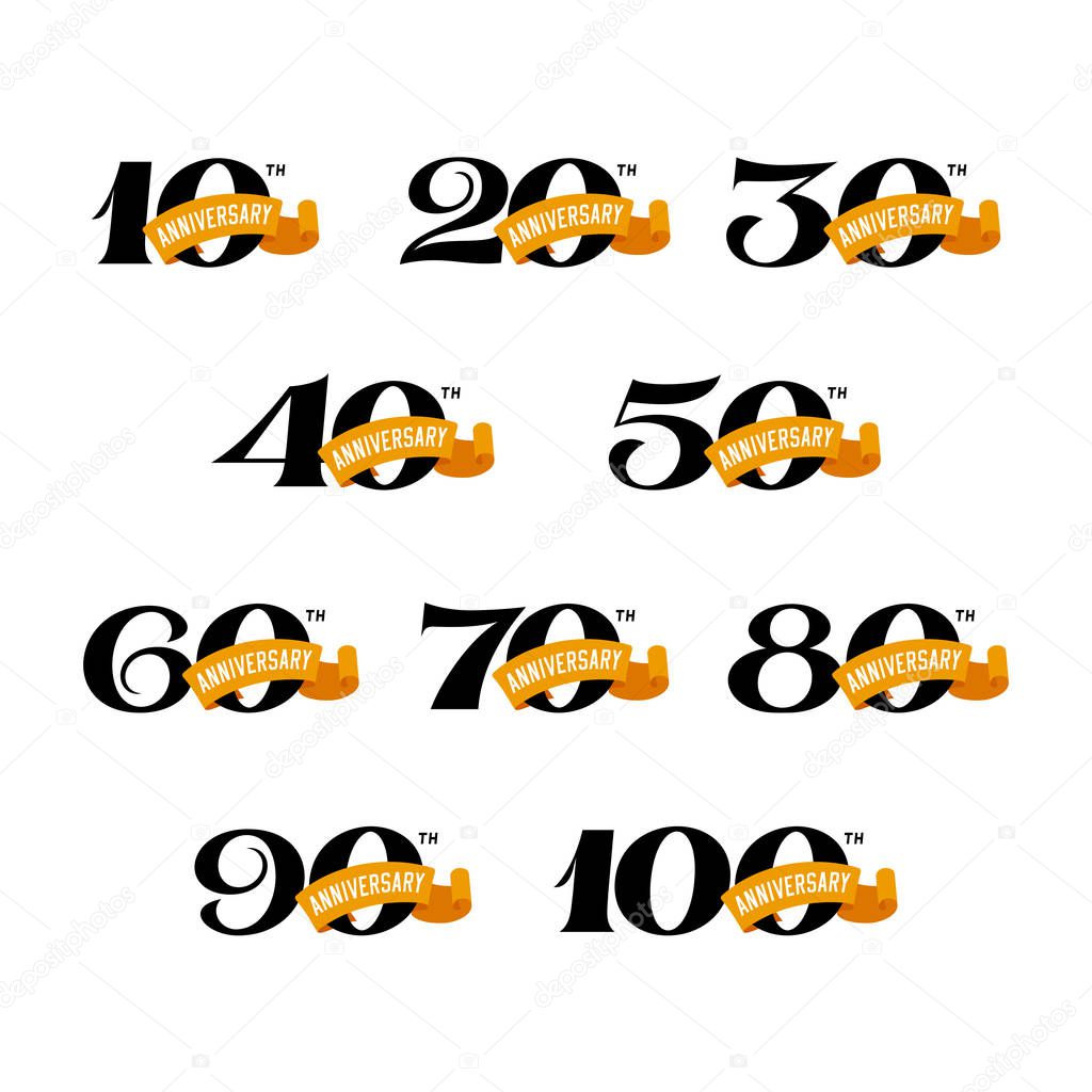 Set of anniversary signs from 10 to 100. Numbers on a white background. Stock vector signs design elements.