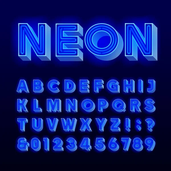 レトロな手話のアルファベット のビンテージ ブルー ネオン ランプの文字と数字 看板フォントです 株式ベクトル タイポグラフィ デザイン書体 — ストックベクタ