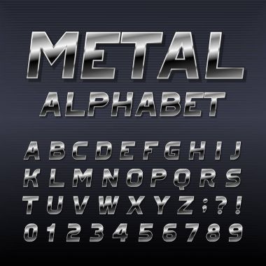 Metal etkisi alfabe yazı tipi. Çelik sayılar, simgeler ve harfler. Hisse senedi vektör herhangi bir tipografi tasarım için yazı kümesi.