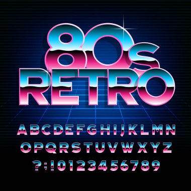 80's retro alphabet font. Metallic effect type letters and numbers. Stock vector typeface for any typography design.