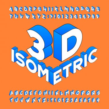 İzometrik alfabe yazı tipi. 3D etkisi harfler, sayılar ve simgeler. Hisse senedi vektör herhangi bir tipografi tasarım için yazı kümesi.