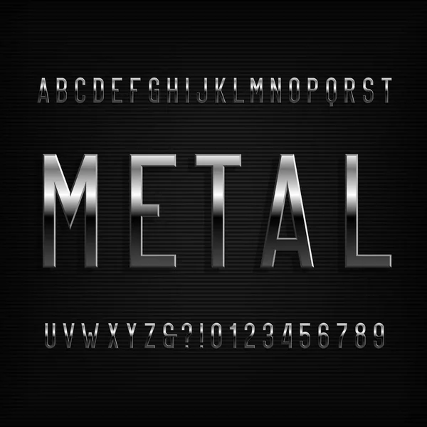 Metal Efecto Alfabeto Fuente Cromo Letras Números Estrechos Tipografía Vector — Vector de stock