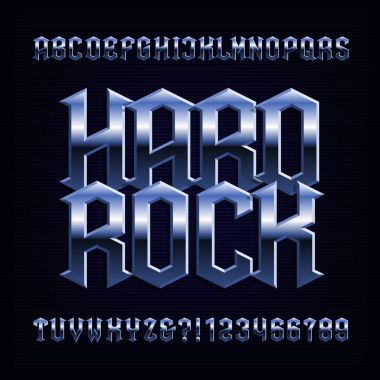Hard rock alfabe yazı tipi. Metal etkisi harfler, sayılar ve simgeler. Tasarımınız için hisse senedi vektör yazı tipi.