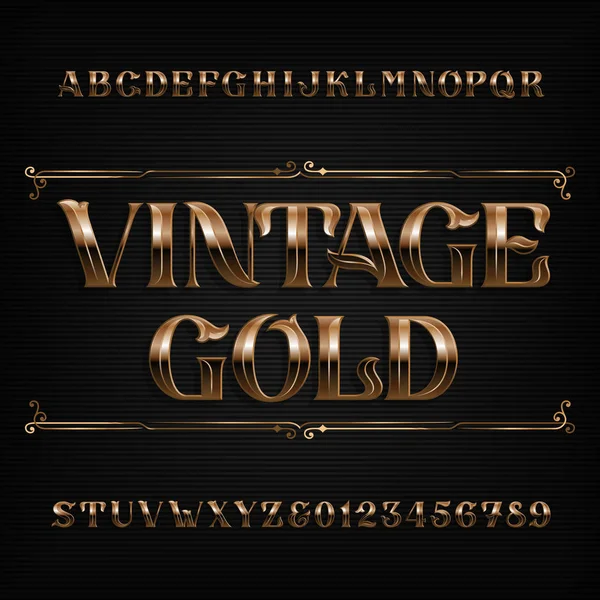 Vintage Gold Alphabet Schrift Kunstvolle Buchstaben Und Zahlen Metall Effekt — Stockvektor