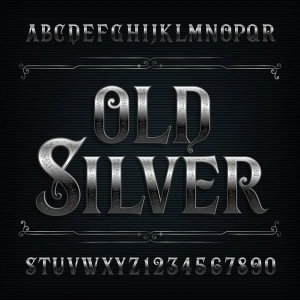 Vintage Zilver Alfabet Lettertype Oude Metalen Effect Letters Cijfers Voorraad — Stockvector