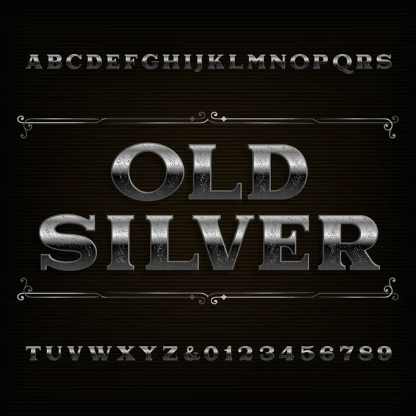 Vintage Zilver Alfabet Lettertype Gekraste Letters Cijfers Voorraad Vector Lettertype — Stockvector