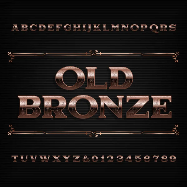 Fonte Alfabeto Bronze Vintage Letras Riscadas Números Tipo Vetor Estoque — Vetor de Stock