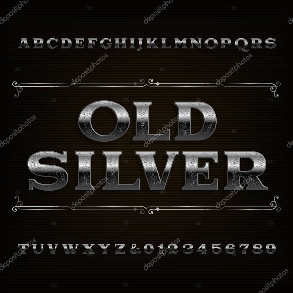 Vintage silver alphabet font. Scratched letters and numbers. Stock vector typeface for your design.