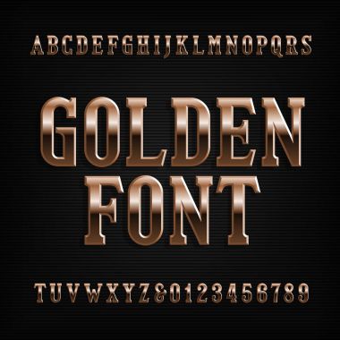 Vintage altın alfabe yazı tipi. Süslü altın harfler ve sayılar. Tasarımınız için hisse senedi vektör yazı tipi.