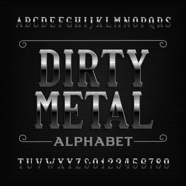 Vintage Metal Alfabeto Fonte Letras Riscadas Números Tipo Vetor Estoque —  Vetores de Stock