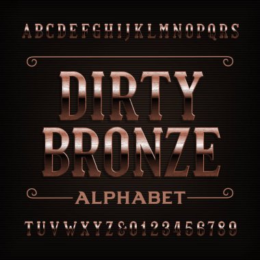 Vintage kirli bronz alfabe yazı tipi. Çizik harfler ve sayılar. Tasarımınız için hisse senedi vektör yazı tipi.