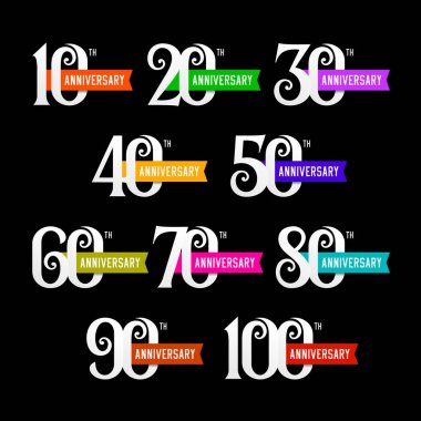 Set of anniversary signs from 10 to 100. Numbers on black background. Stock vector signs design elements. clipart