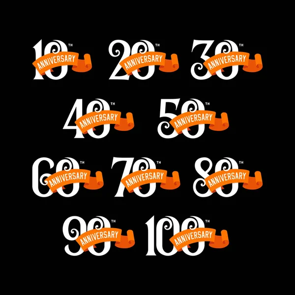 Set Anniversary Emblems 100 Numbers Ribons Black Background Stock Vector — Stock Vector