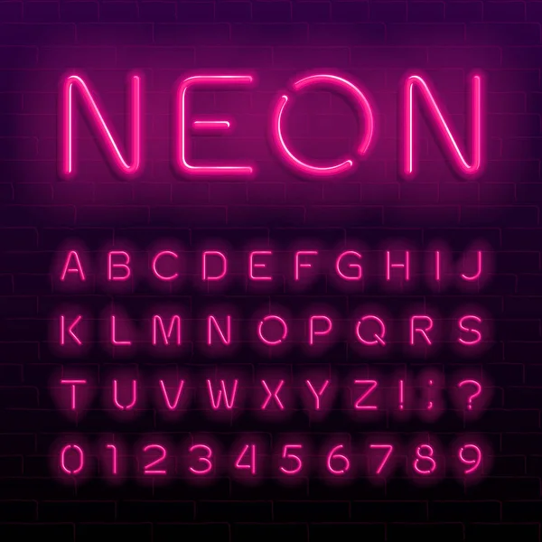 Neon Lampa Alfabet Czcionki Neon Kolor Błyszczący Liter Cyfr Symboli — Wektor stockowy