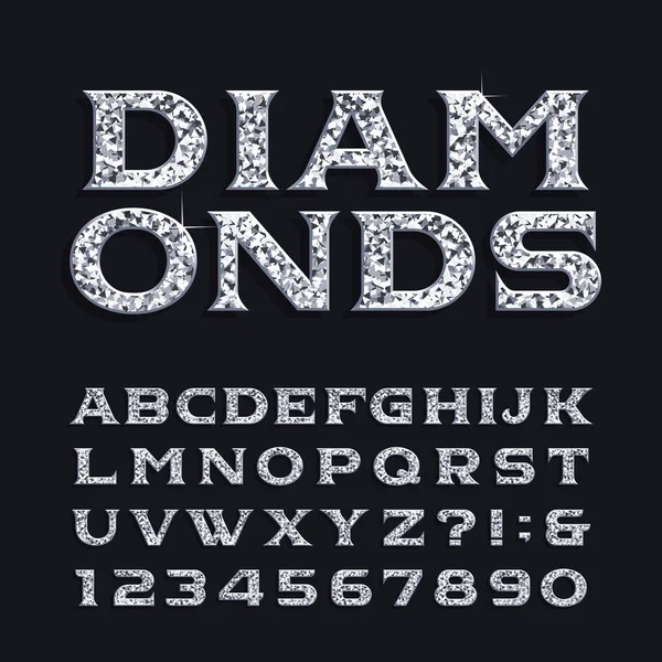 Diamond Alphabet Font Luxury Beveled Serif Letters Numbers Stock Vector — Stock Vector