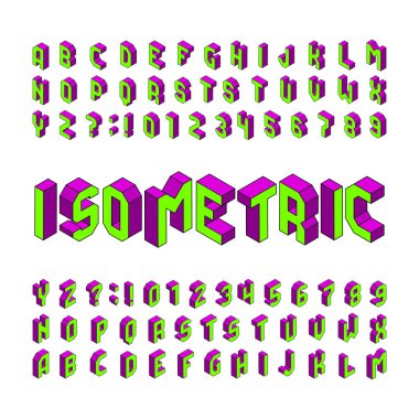 İzometrik alfabe yazı tipi. 3D etkisi harfler ve sayılar. Beyaz arka plan üzerinde izole. Hisse senedi vektör yazı herhangi bir tipografi tasarım için.