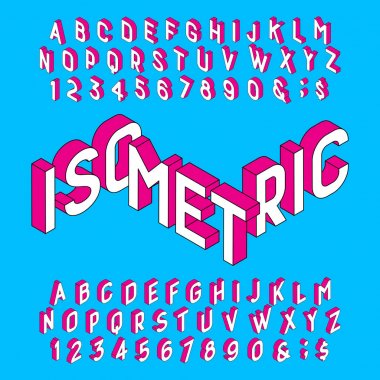 İzometrik alfabe yazı tipi. Harfler ve sayılar üzerine açık mavi renkli. Tasarımınız için hisse senedi vektör yazı tipi.