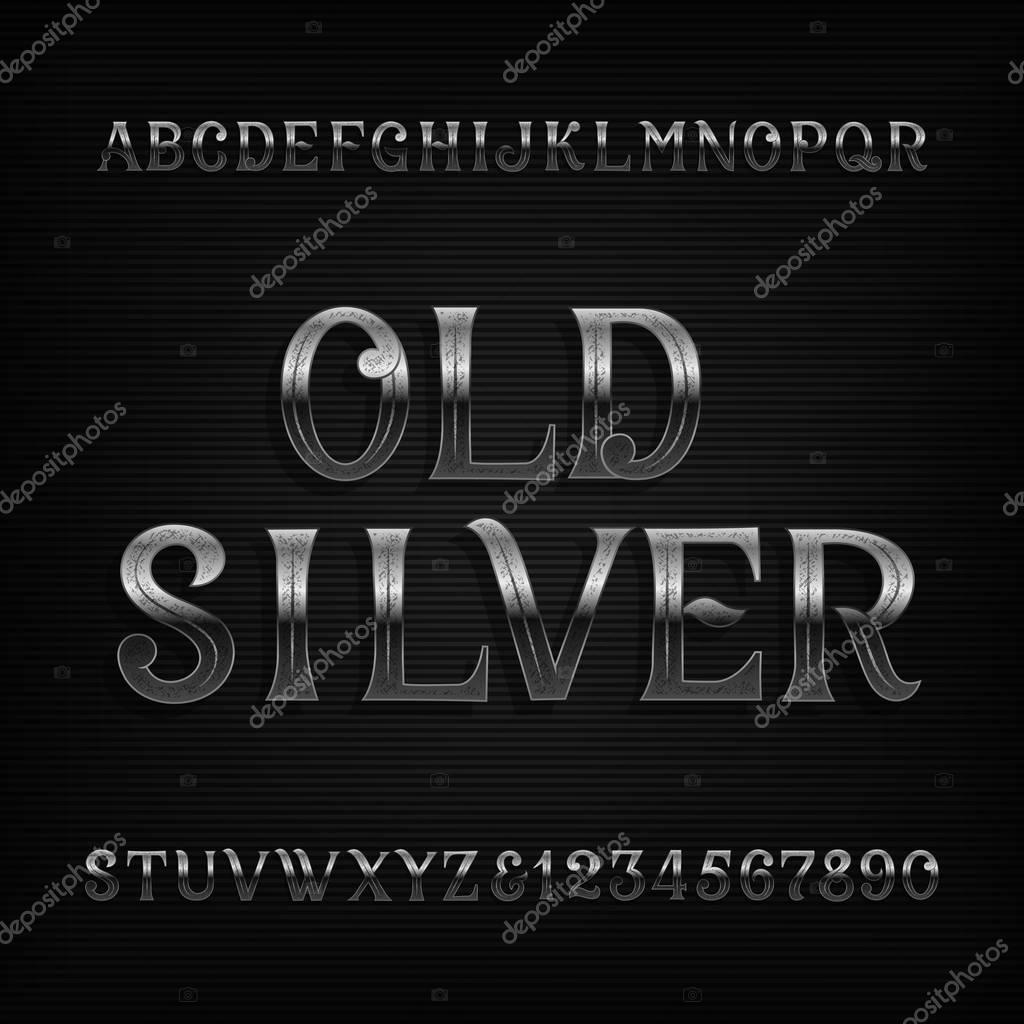Old silver alphabet font. Vintage rusted metal letters and numbers. Stock vector typeset for your design.
