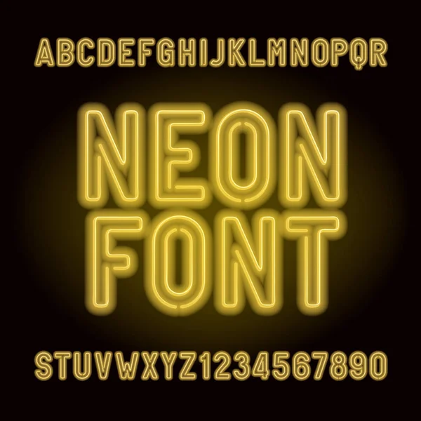 Gele Neon Buis Alfabet Lettertype Neon Kleur Letters Cijfers Symbolen — Stockvector