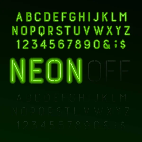 Zielony Neon Tube Alfabet Czcionki Neon Kolor Liter Cyfr Symboli — Wektor stockowy