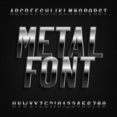 Metal etkisi alfabe yazı tipi. Eğik krom harfler, sayılar ve simgeler. Hisse senedi vektör tipografi tasarımınız için.