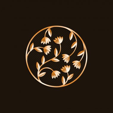 Vektör yaprak ve çiçek ile süsleme amblemi. Dekorasyon, düğün davetiyeleri, tebrik kartları veya logolar için süslü altın ögesi.