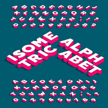 İzometrik alfabe yazı tipi. Üç boyutlu efekt kalın harf ve sayı alt gölge ile. Tasarımınız için hisse senedi vektör yazı tipi.