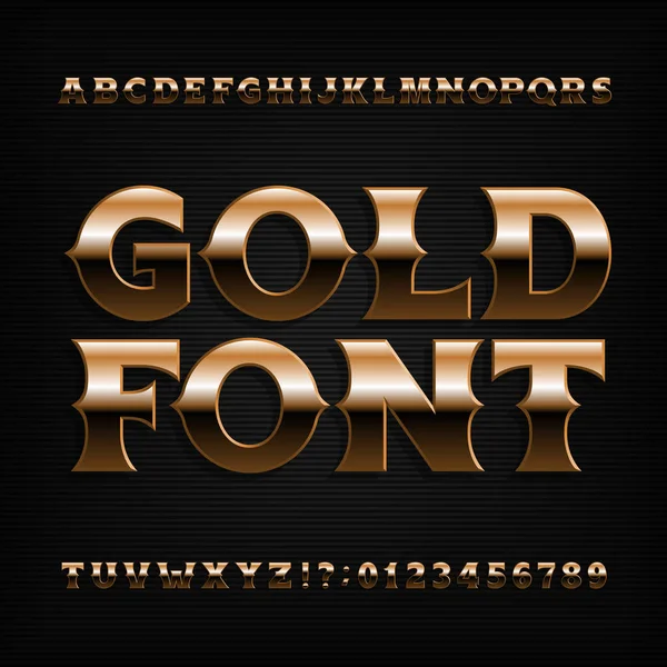 金色效果字母表字体 加粗的金属字母 数字和带有斜角的符号 用于设计的股票矢量字体 — 图库矢量图片