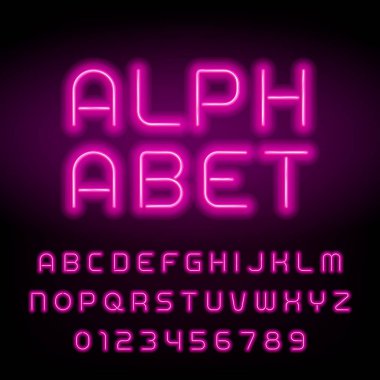 Pembe neon tüp alfabe yazı tipi. Neon renkli harfler ve sayılar. Hisse senedi vektör yazı için üstbilgi veya herhangi bir tipografi tasarım.
