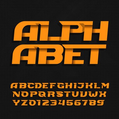 Soyut çağdaş alfabesi yazı. Dekoratif türü harf ve sayı noktalı arka plan üzerinde. Tasarımınız için vektör yazı tipi.