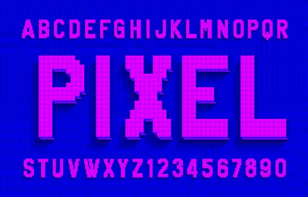 Pixel Alfabet Lettertype Digitale Effect Letters Cijfers Met Schaduw Pixel — Stockvector