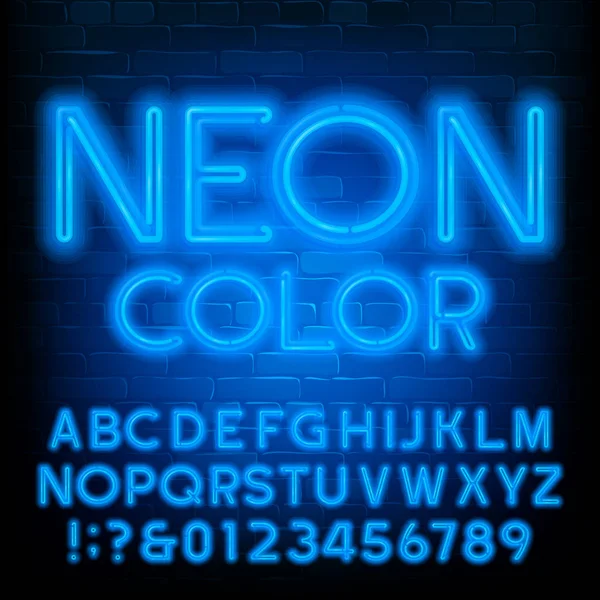 Neon Color alphabet font. Blue neon light type letters and numbers. Brick wall background. Stock vector typeface for your typography design.