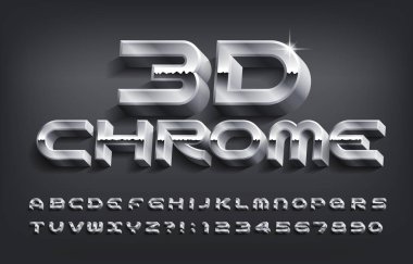 3D Chrome alphabet font. Metal effect letters and numbers with shadow. Stock vector typescript for your design.