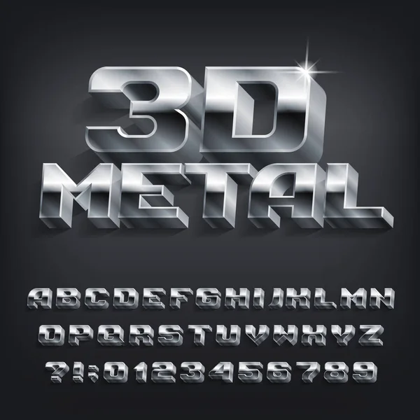 Metal Alfabeto Fuente Efecto Cromo Letras Números Símbolos Con Sombra — Vector de stock