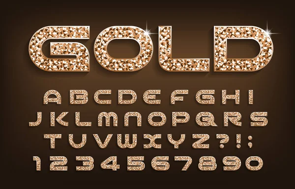 Fuente Gold Alphabet Brillo Dorado Letras Modernas Números Con Sombra — Vector de stock
