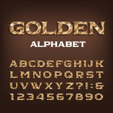Golden alphabet font. Gold effect ornate letters and numbers with shadow. Stock vector typescript for your design.