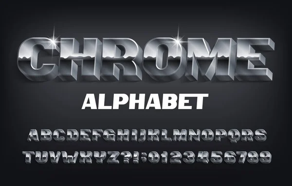 Fuente Alfabeto Chrome Efecto Negrita Letras Metálicas Números Símbolos Con — Vector de stock