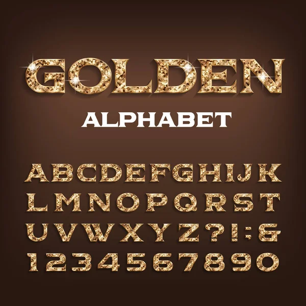 Fuente Golden Alphabet Efecto Oro Adornado Letras Números Con Sombra — Vector de stock