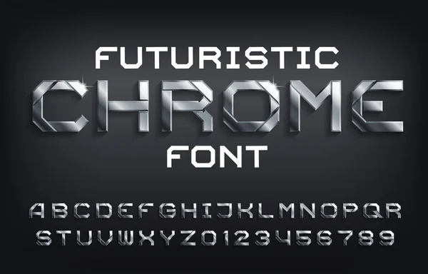 Futuristico font alfabeto Chrome. Lettere, numeri e simboli metallici con ombra . — Vettoriale Stock