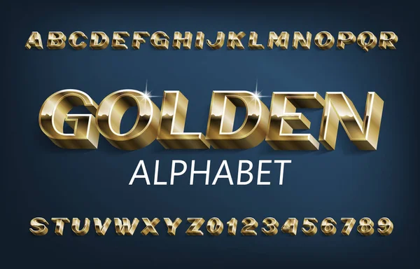 Fuente Golden Alphabet Letras Números Con Sombra Sobre Fondo Azul — Vector de stock