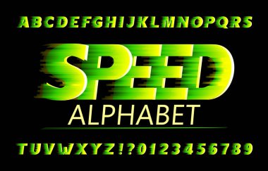 Hız alfabesi yazı tipi. Hızlı rüzgar etkisi harfler ve rakamlar canlı renklerde. Tasarımınız için stok vektör tipi.