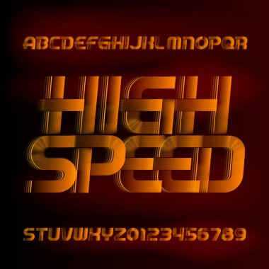 Yüksek hızlı alfabe yazı tipi. Rüzgâr etkisi harfleri ve bulanık arkaplandaki numaralar. Tipografi dizaynınız için stok vektör tipi.
