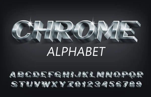 Chrome Czcionka Alfabetu Metaliczne Litery Cyfry Symbole Cieniem Pismo Wektorowe — Wektor stockowy