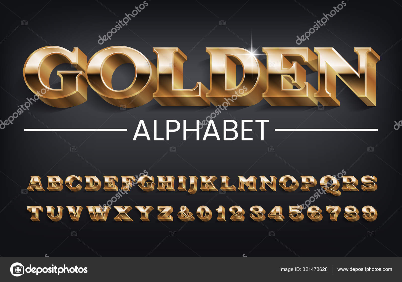 Golden Alphabet Font Serif Letters Numbers Shadow Dark Background Stock Stock Vector Image By C Epifantsev 321473628