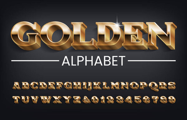Golden alphabet font. 3D serif letters and numbers with shadow on dark background. Stock vector typescript for your design.