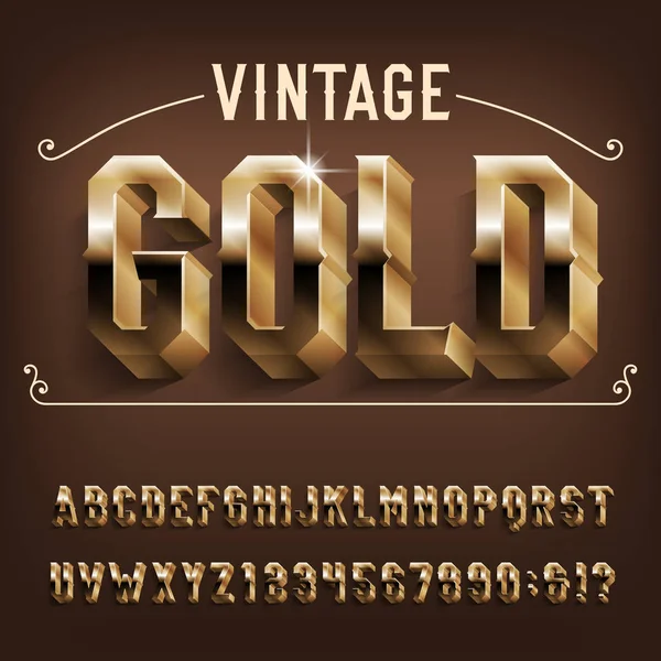 Fonte Vintage Gold Alphabet Lettres Chiffres Effet Doré Avec Ombre — Image vectorielle