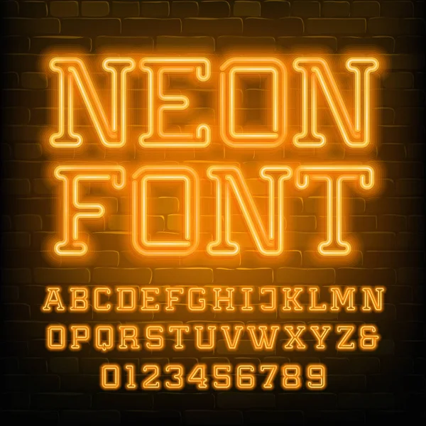 Neon Alphabet Font Yellow Neon Serif Letters Numbers Brick Wall — Stock Vector