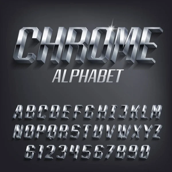 Fuente Alfabeto Chrome Efecto Geométrico Letras Metálicas Números Con Sombra — Vector de stock