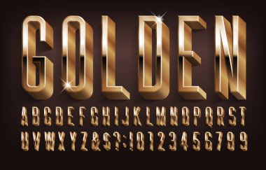 Altın alfabe yazı tipi. 3d harfleri, sayıları ve sembolleri gölgeli etkiler. Tasarımınız için stok vektör tipi.